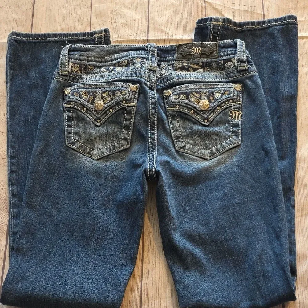 Miss Me Dark Blue Boot Cut Jeans with Embellished Pockets